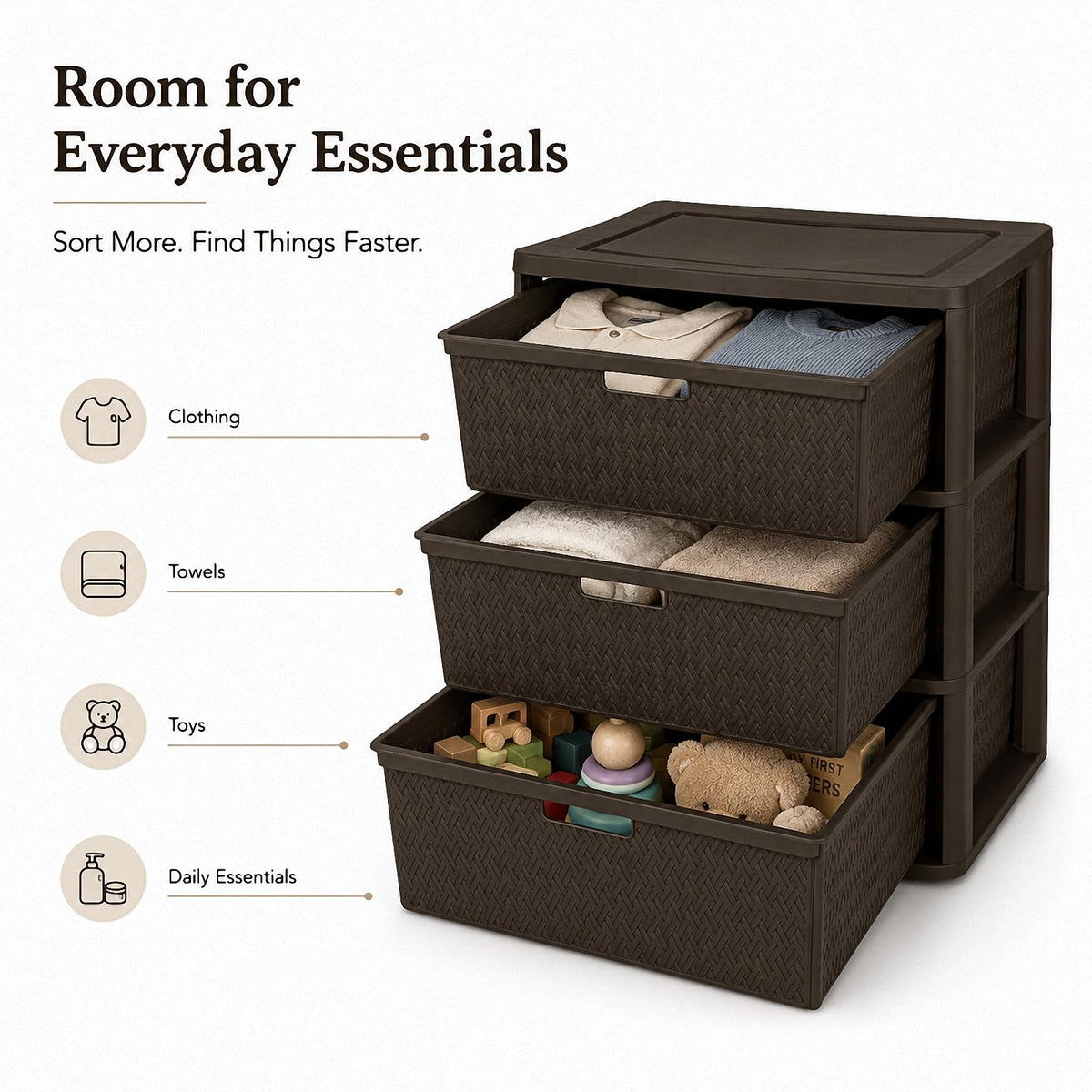 Brown 3 Drawer Plastic Storage Organizer N3190