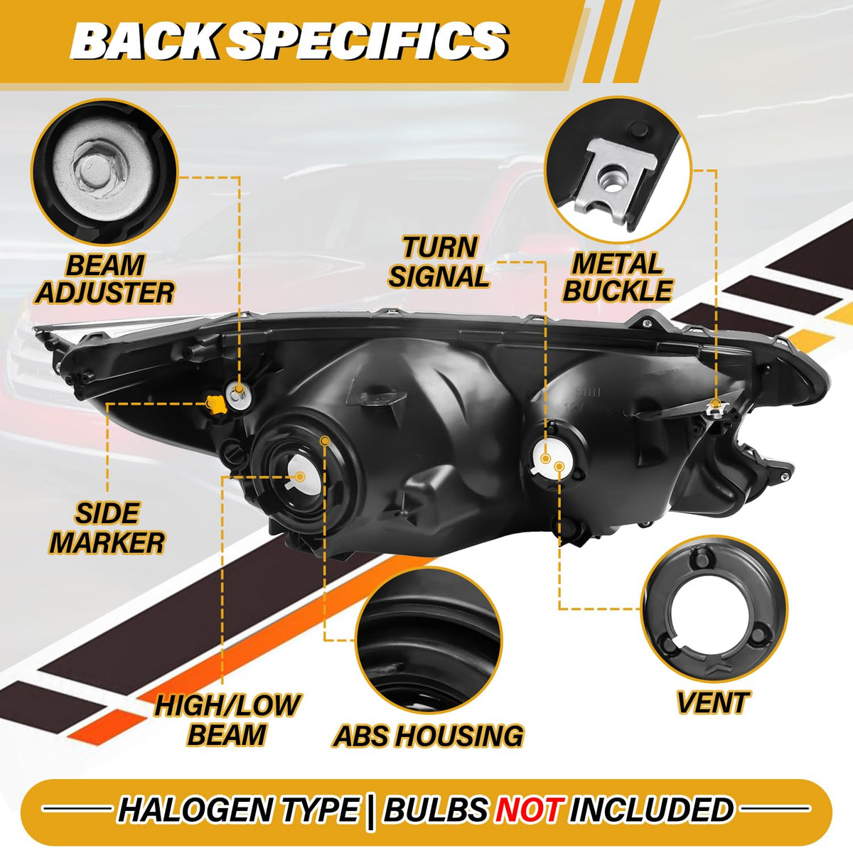 Halogen Headlight Assembly Pair Set Chrome Housing Amber Reflector F6863