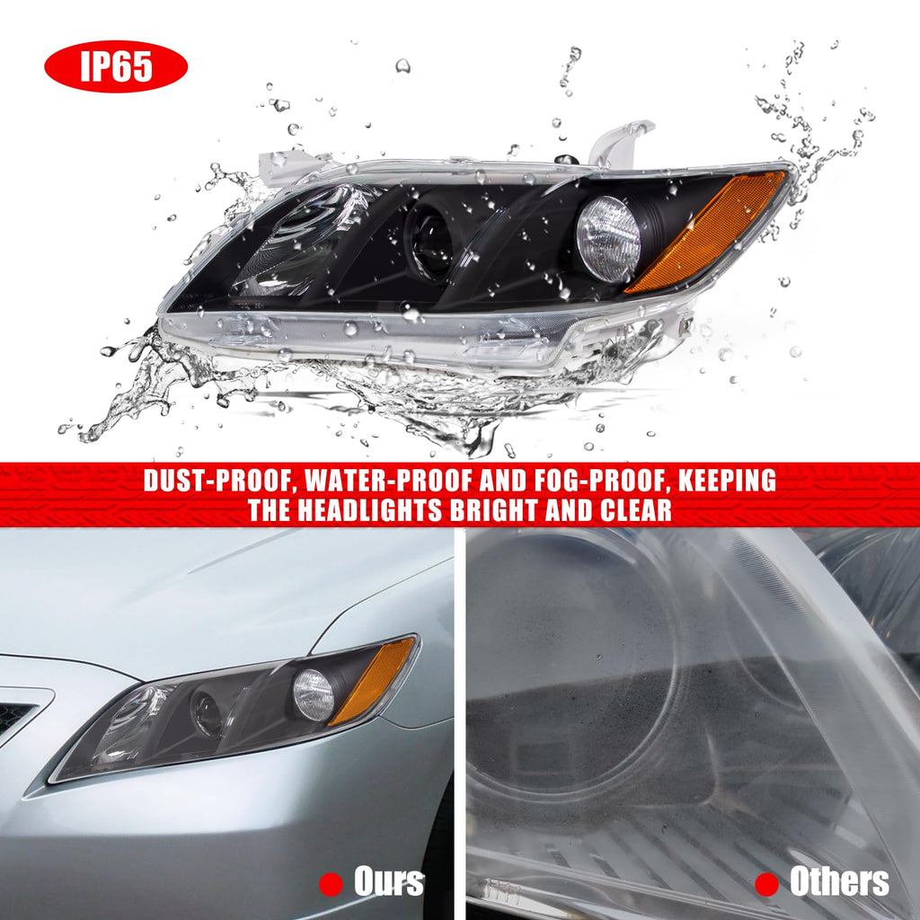 Compatible with 2007-2009 Toyota Camry Headlights Assembly Black Housing Amber Reflectors Left and Right Pairs F712302