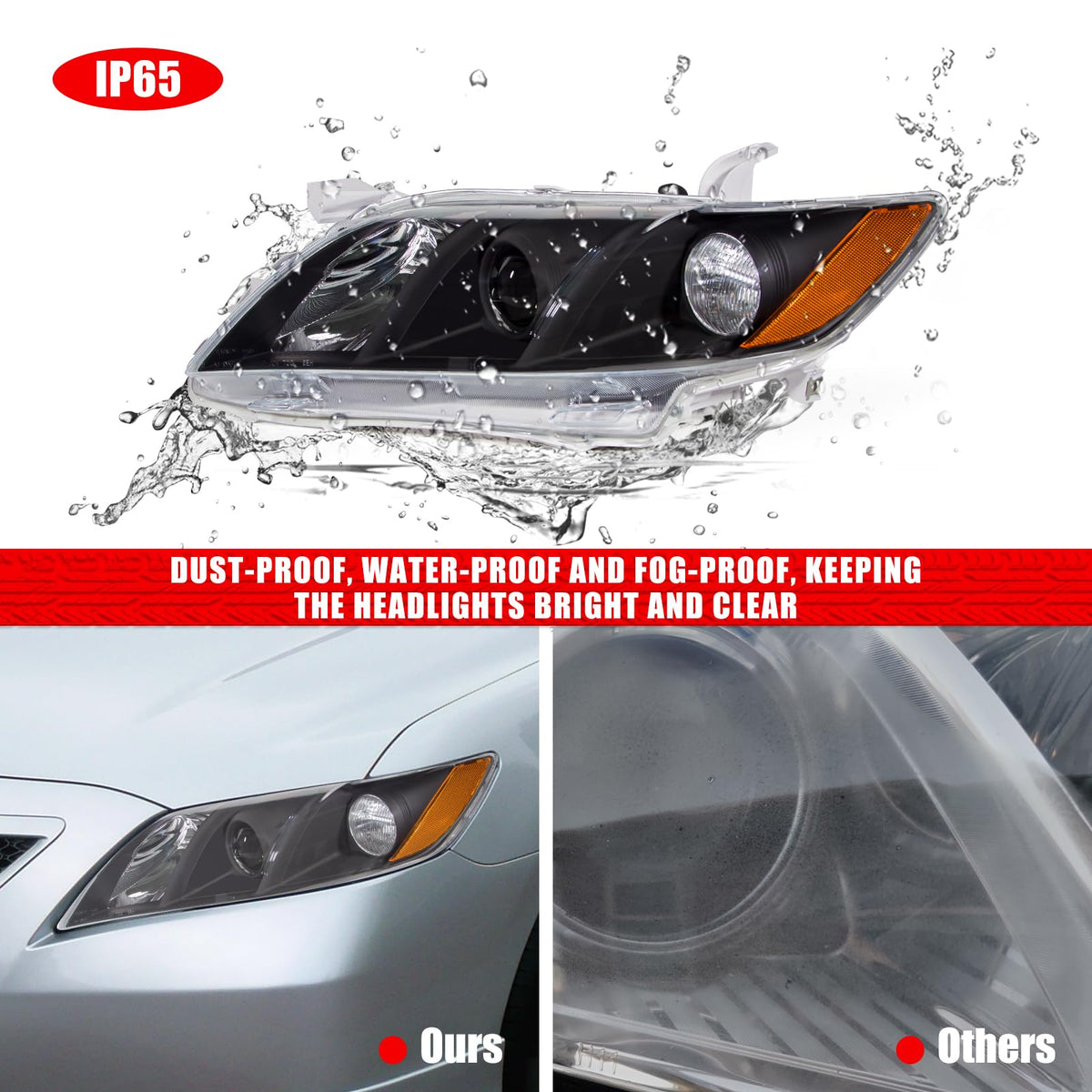 Compatible with 2007-2009 Toyota Camry Headlights Assembly Black Housing Amber Reflectors Left and Right Pairs F712302
