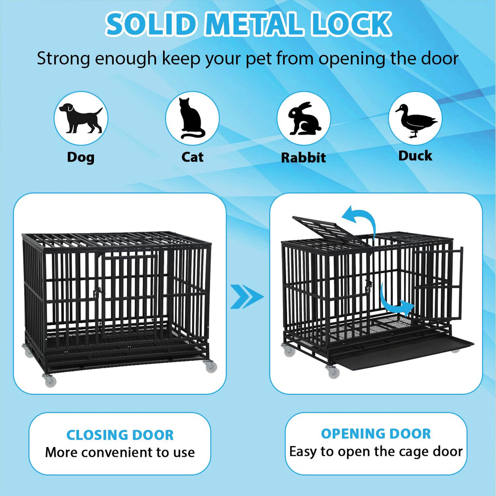 48 Inch Heavy Duty Dog Crate with Plastic Tray Double Doors W1043