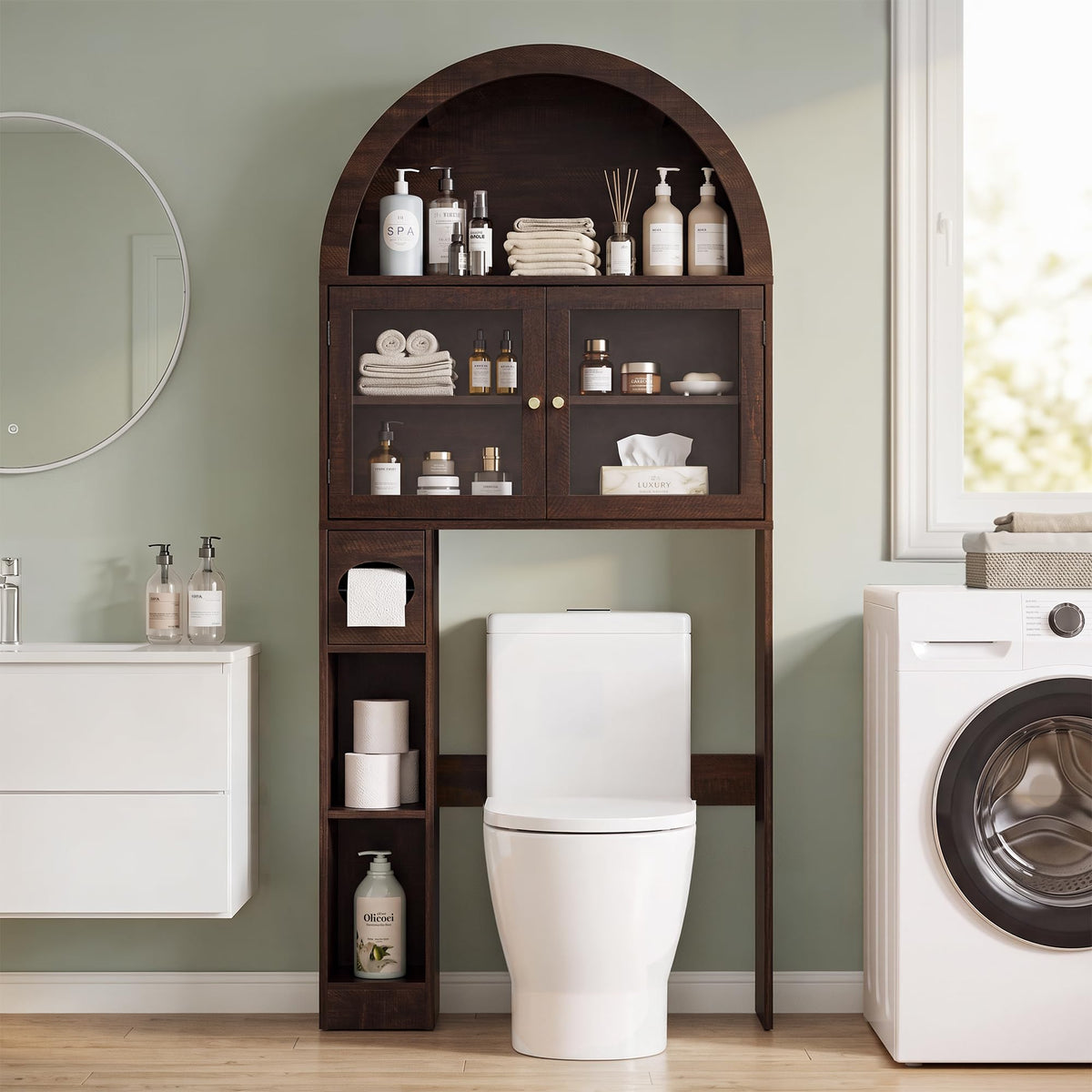 Over the Toilet Storage Cabinet with Arched Top, 68" Tall, Dark Walnut W336