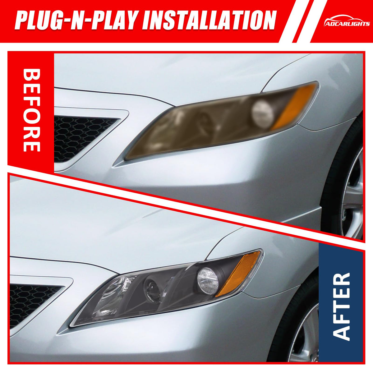 Compatible with 2007-2009 Toyota Camry Headlights Assembly Black Housing Amber Reflectors Left and Right Pairs F712302