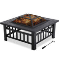 32'' Black Metal Square Wood Burning Fire Pit with Spark Screen Cover, Log Grate, Poker K134600