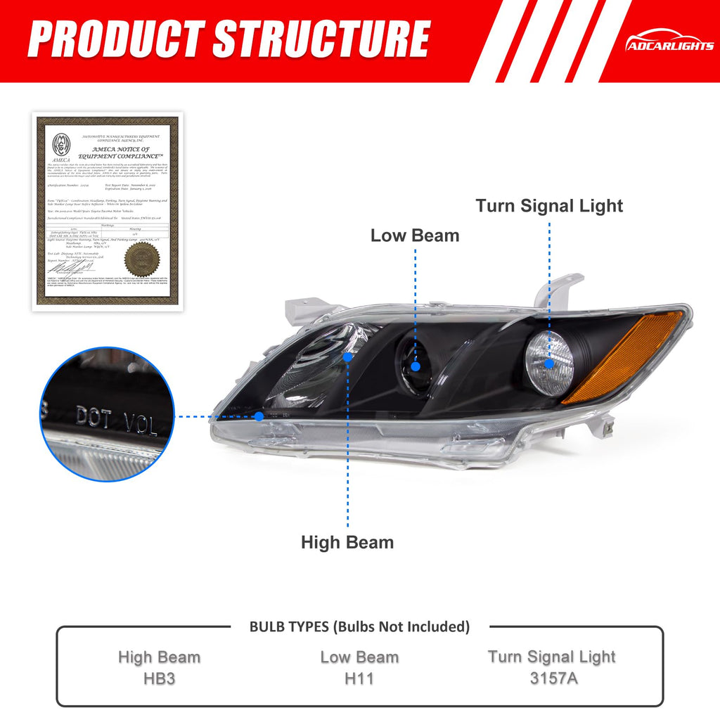 Compatible with 2007-2009 Toyota Camry Headlights Assembly Black Housing Amber Reflectors Left and Right Pairs F712302