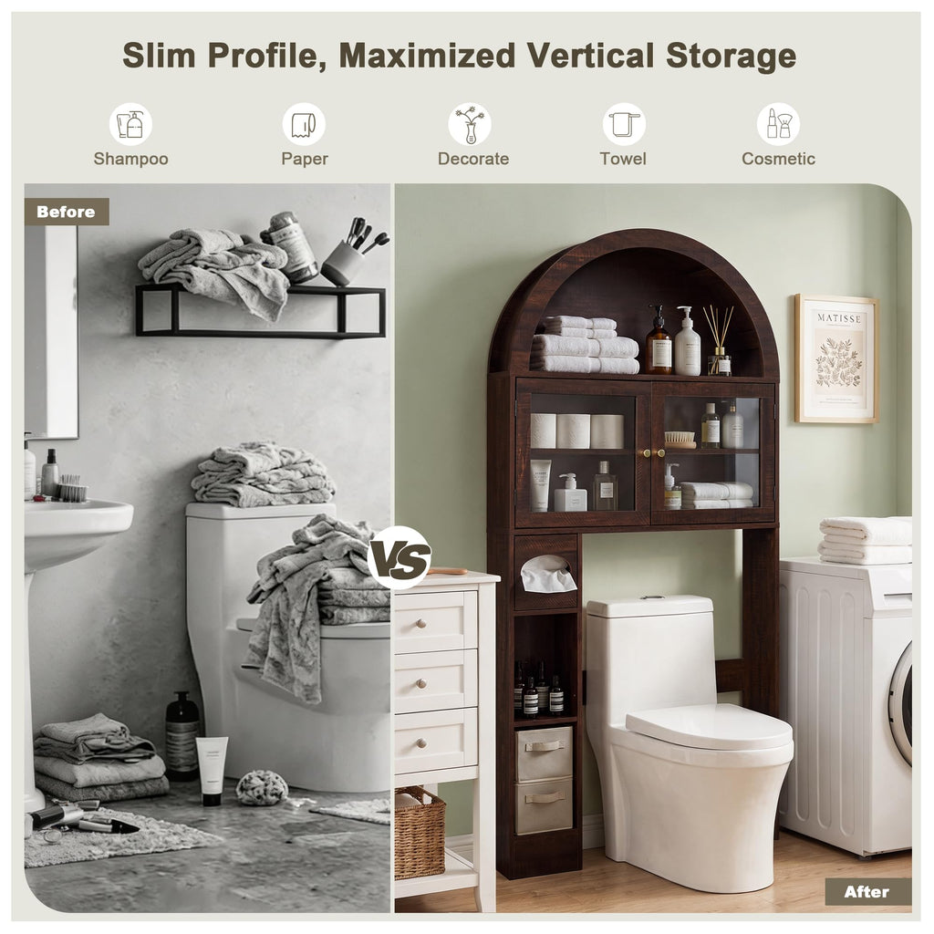Over the Toilet Storage Cabinet with Arched Top, 68" Tall, Dark Walnut W336