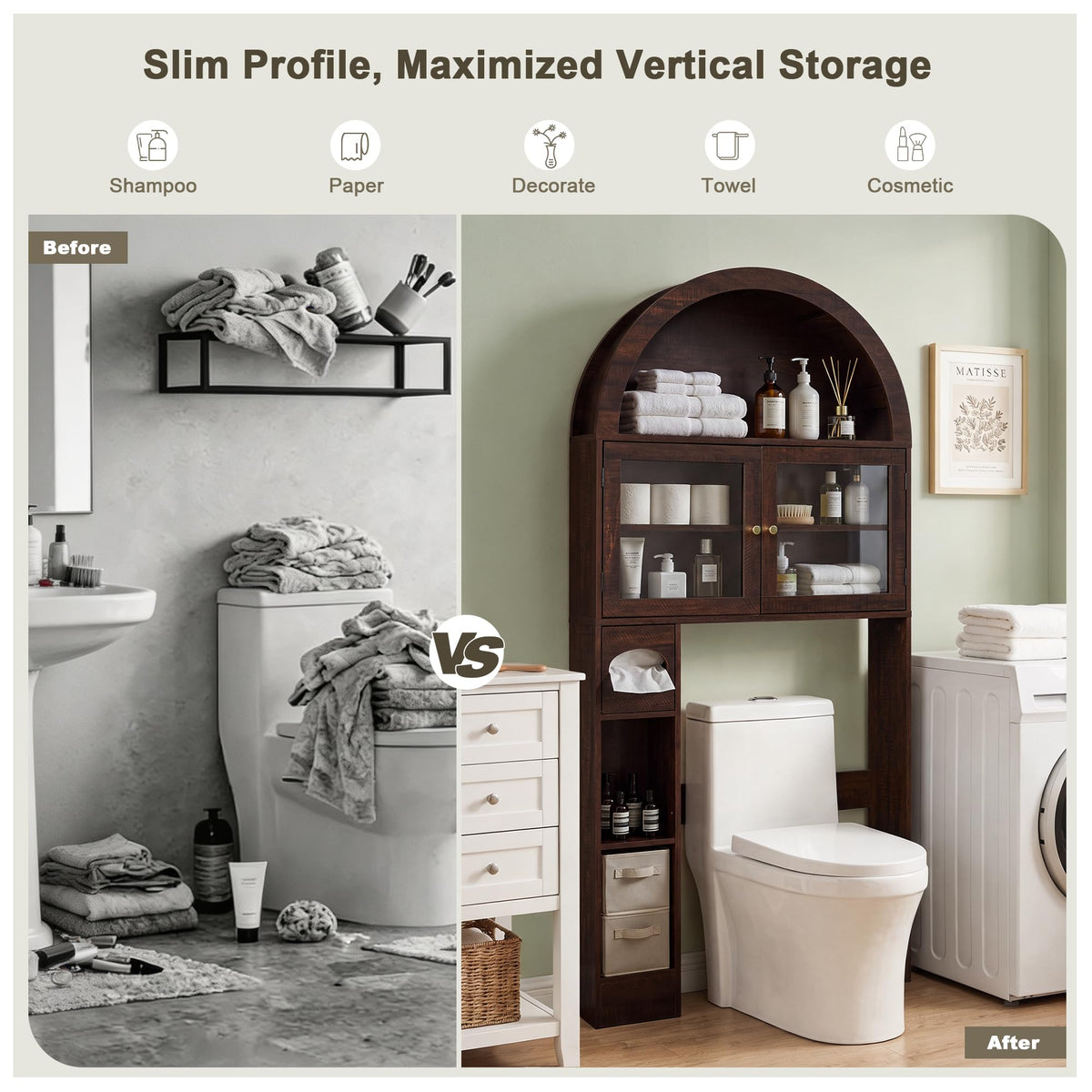 Over the Toilet Storage Cabinet with Arched Top, 68" Tall, Dark Walnut W336