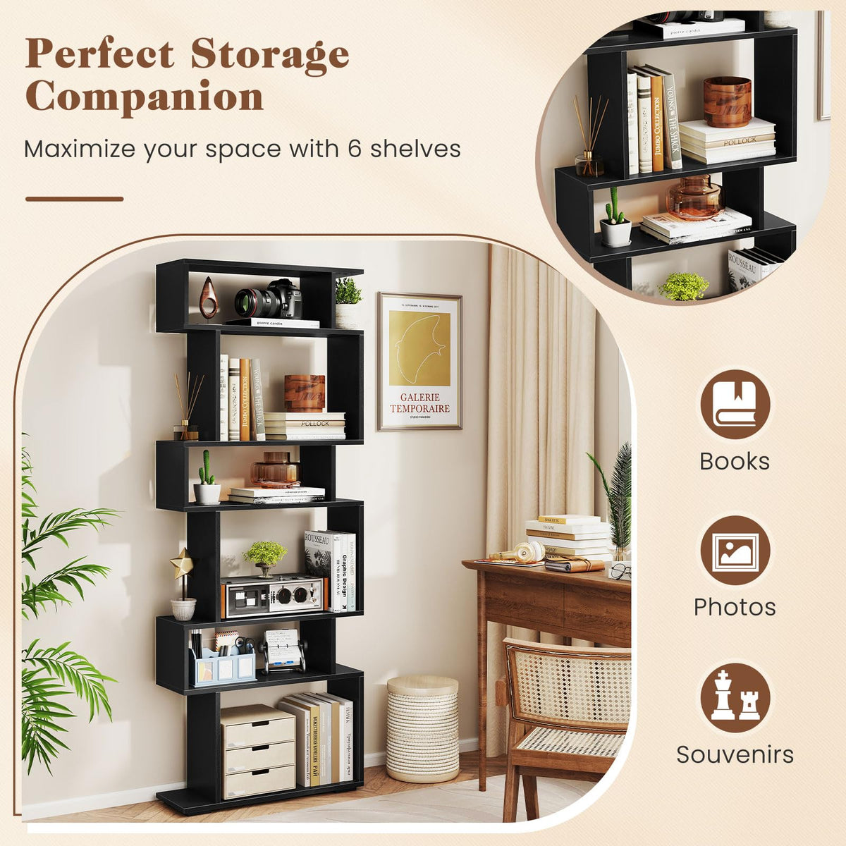 6-Tier S-Shaped Wooden Bookshelf T993