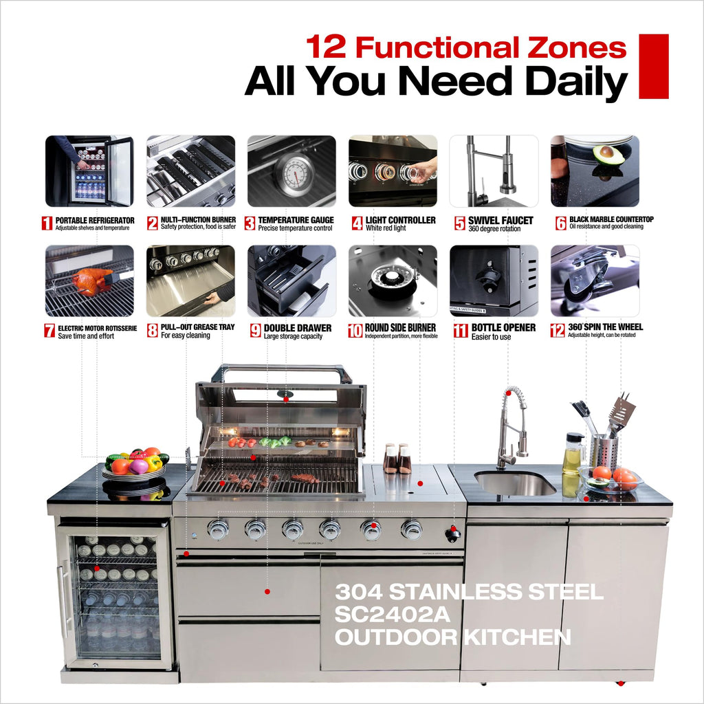 98 Inches 4-Burner Propane Stainless Steel Outdoor Kitchen Island with Refrigerator and Sink X97863