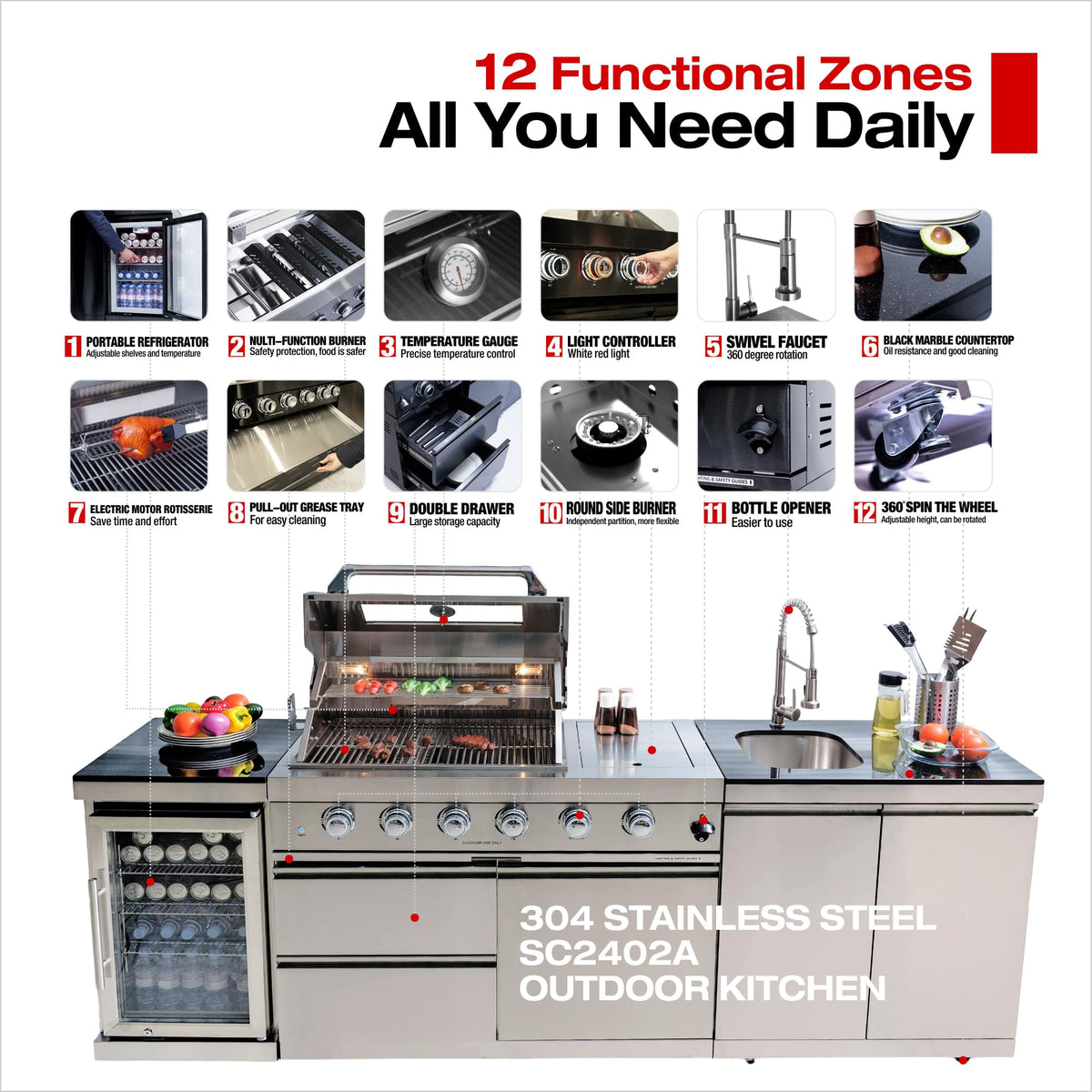 98 Inches 4-Burner Propane Stainless Steel Outdoor Kitchen Island with Refrigerator and Sink X97863