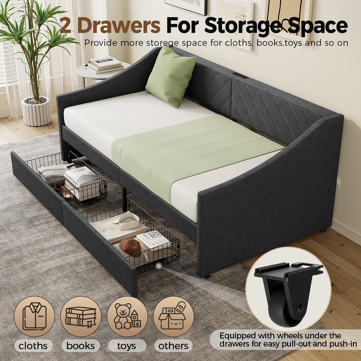 Twin Size Upholstered Daybed with 2 Storage Drawers V98140