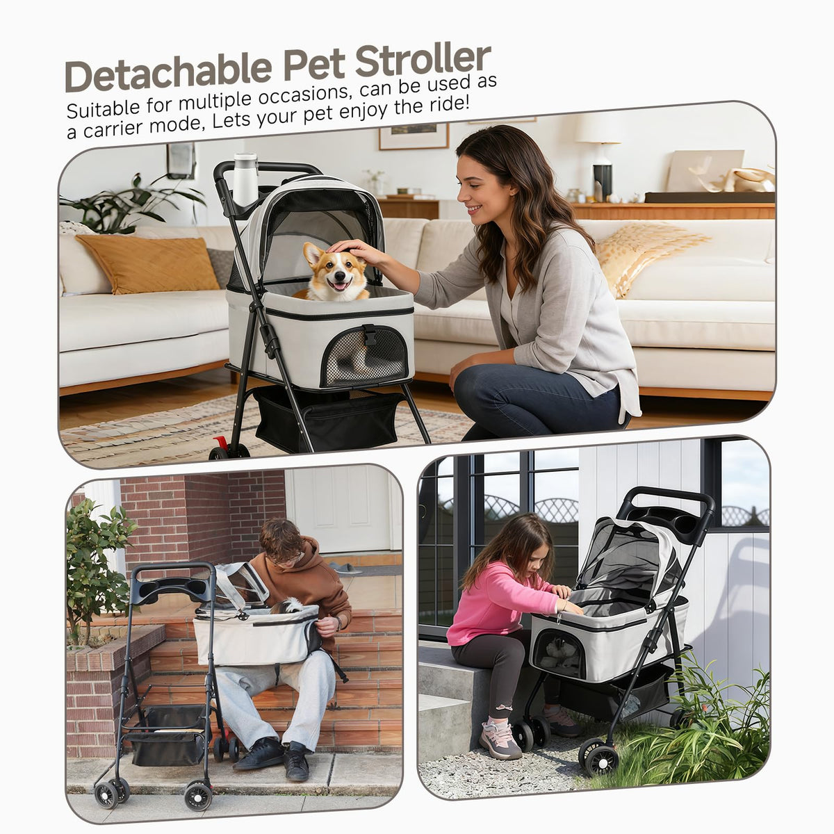 4 Wheels Foldable Pet Stroller with Detachable Carrier C9883