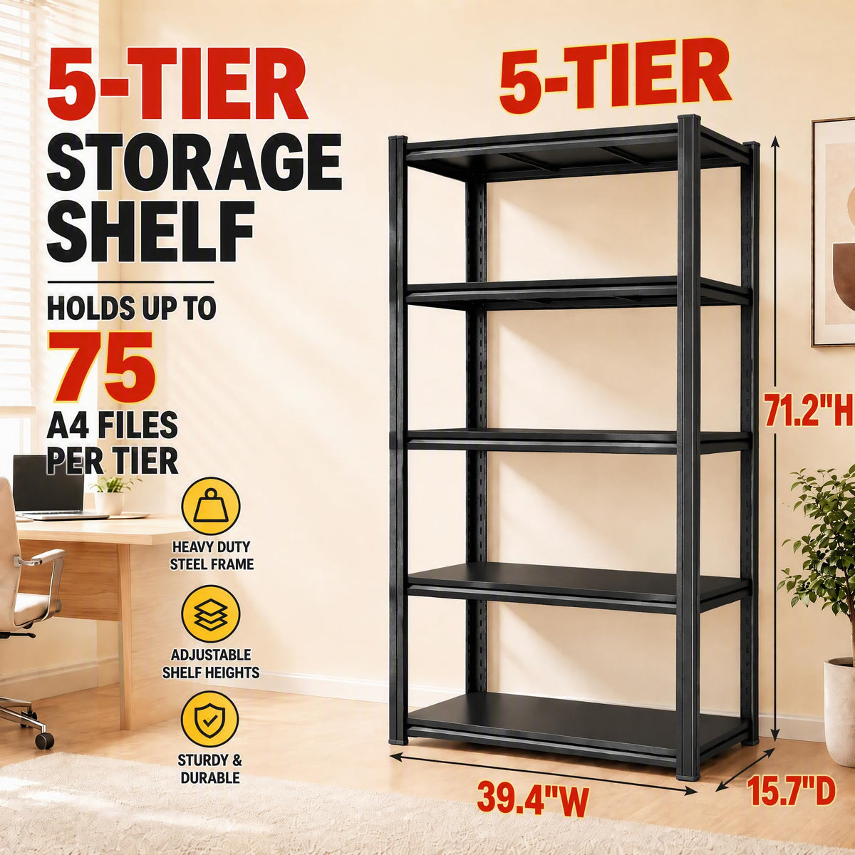 5 Tier Black Metal Bookshelf C75948