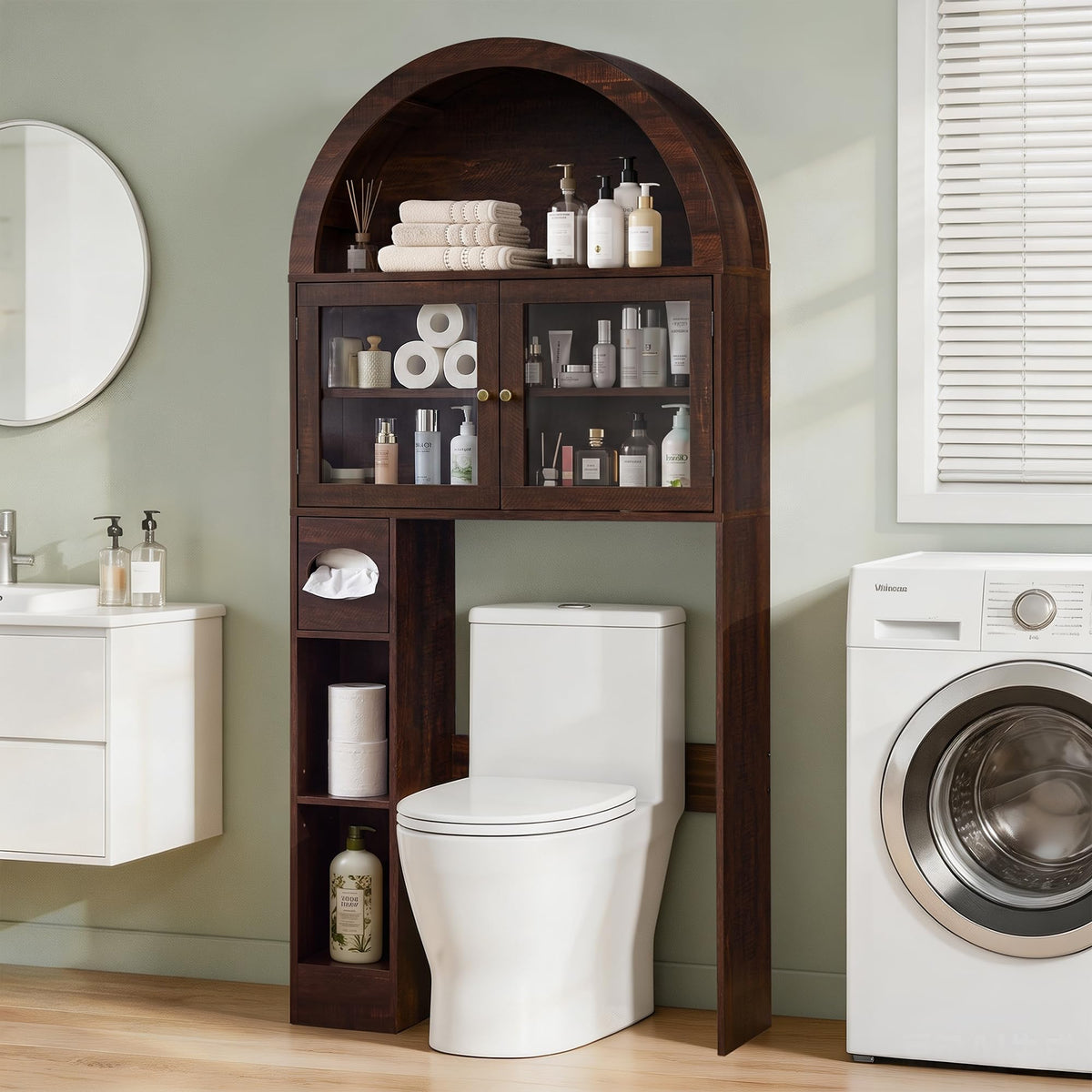 Over the Toilet Storage Cabinet with Arched Top, 68" Tall, Dark Walnut W336
