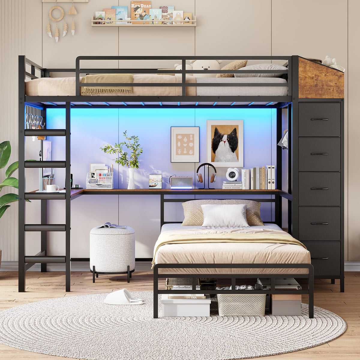 Black L-Shaped Bunk Bed with Desk and Stairs B3680