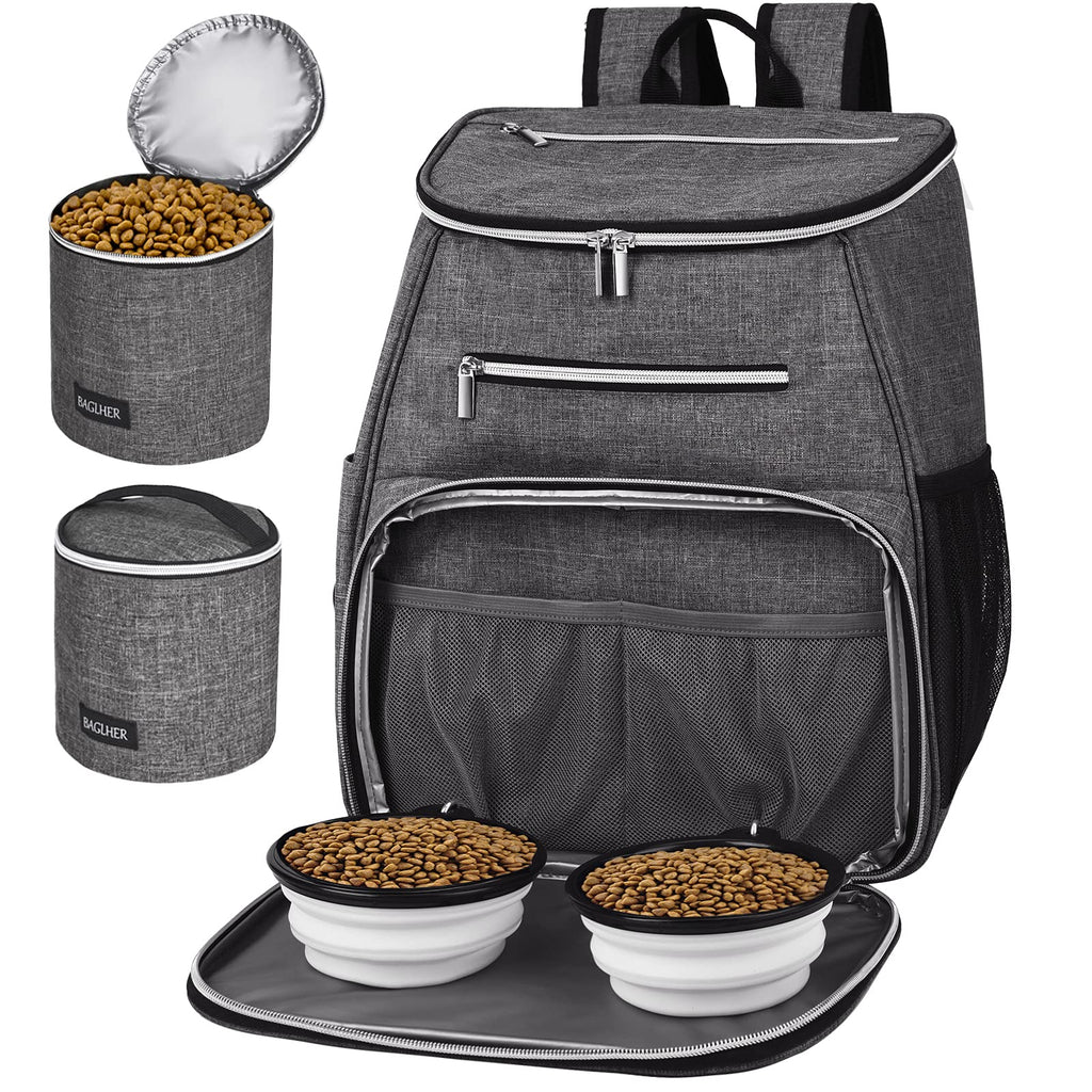 Dog Travel Bag Backpack with 2 Silicone Collapsible Bowls and 2 Food Baskets Grey W694