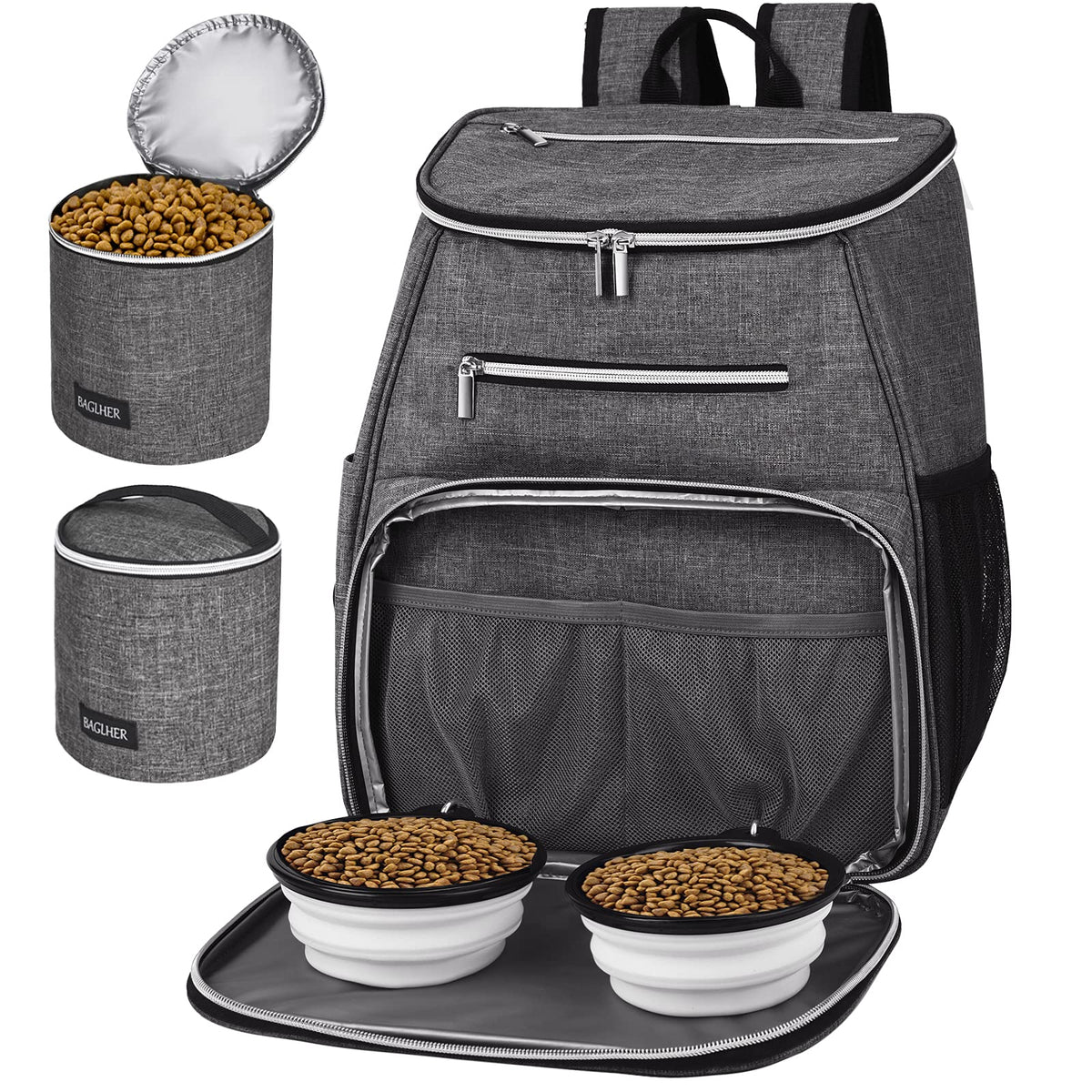Dog Travel Bag Backpack with 2 Silicone Collapsible Bowls and 2 Food Baskets Grey W694