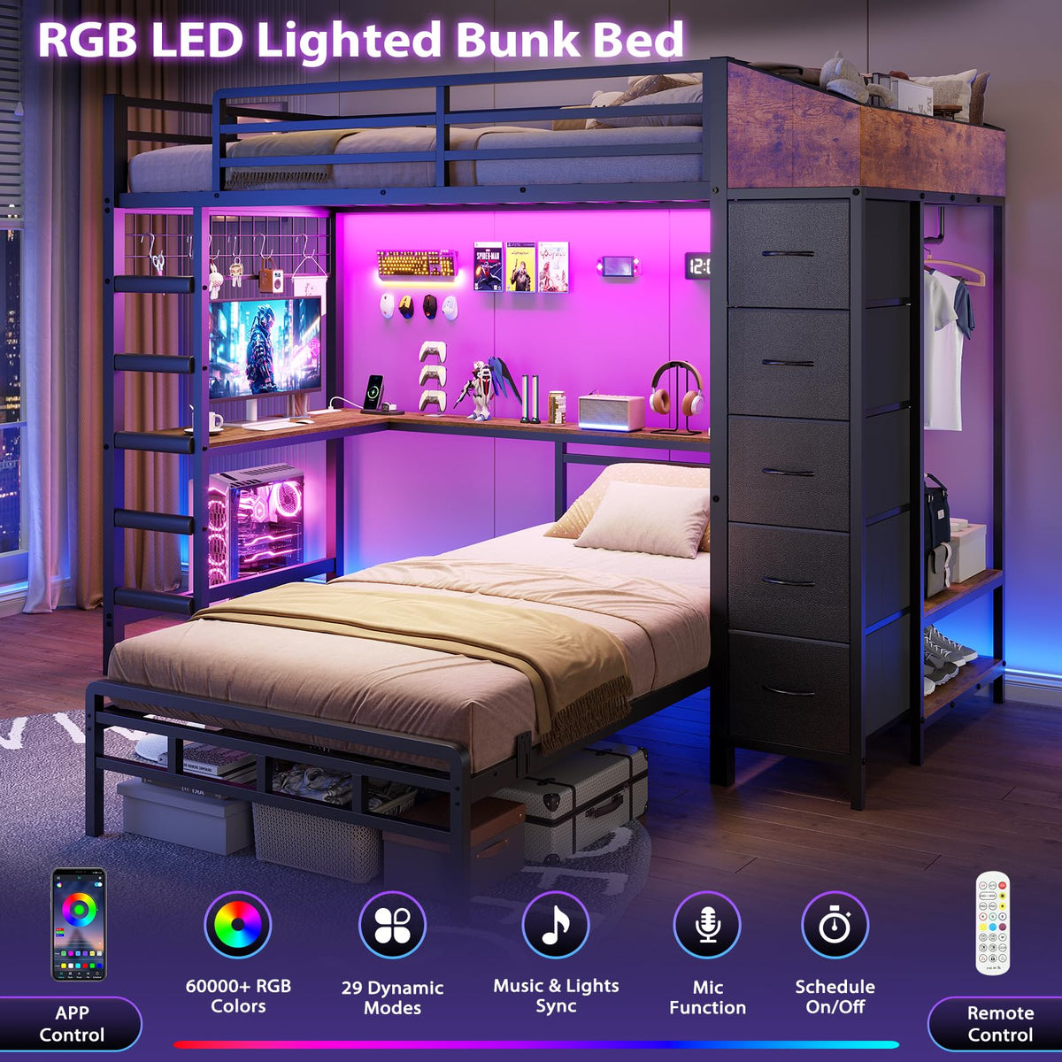 Black L-Shaped Bunk Bed with Desk and Stairs B3680