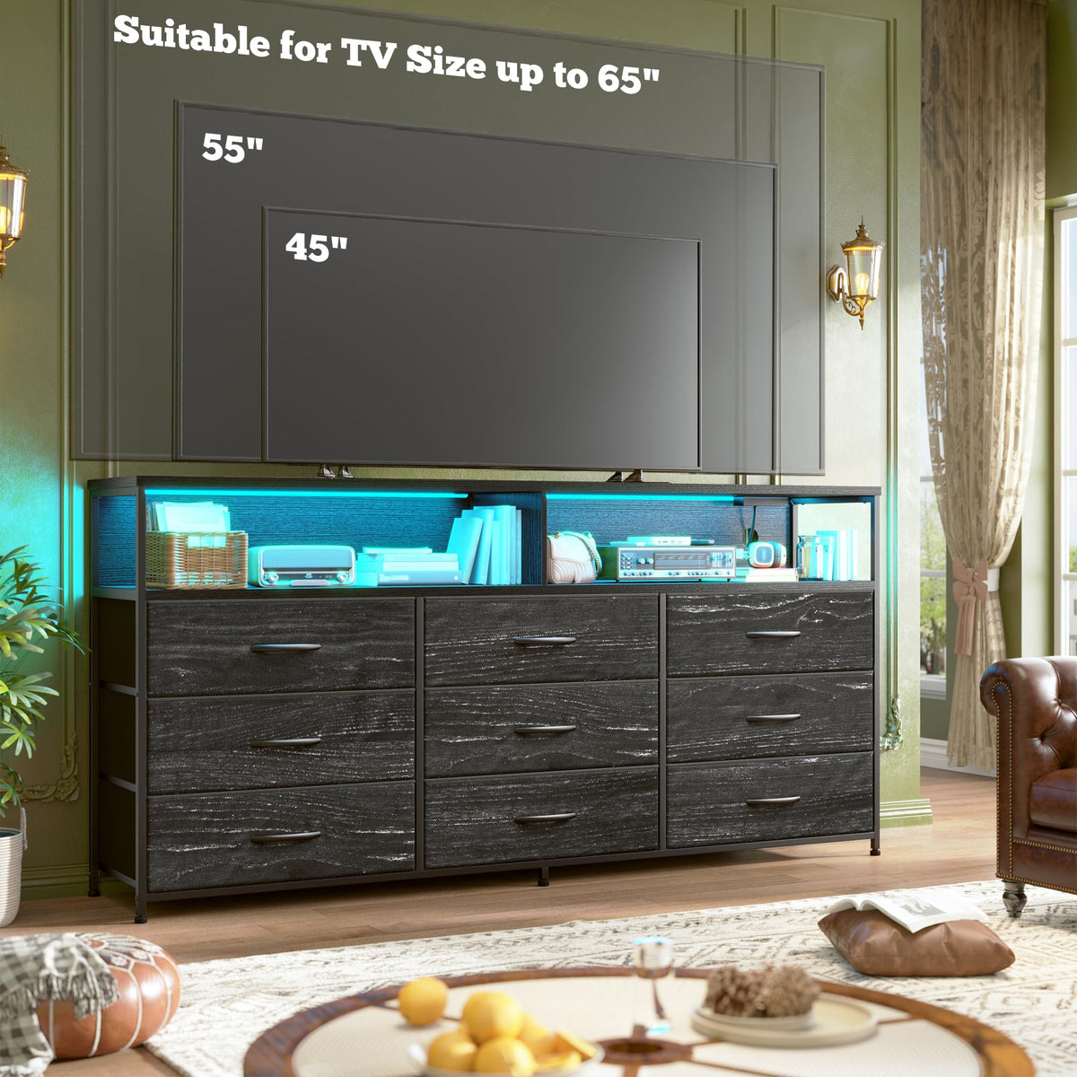 55" W 9 Drawer Dresser with LED and Power Outlets F8260
