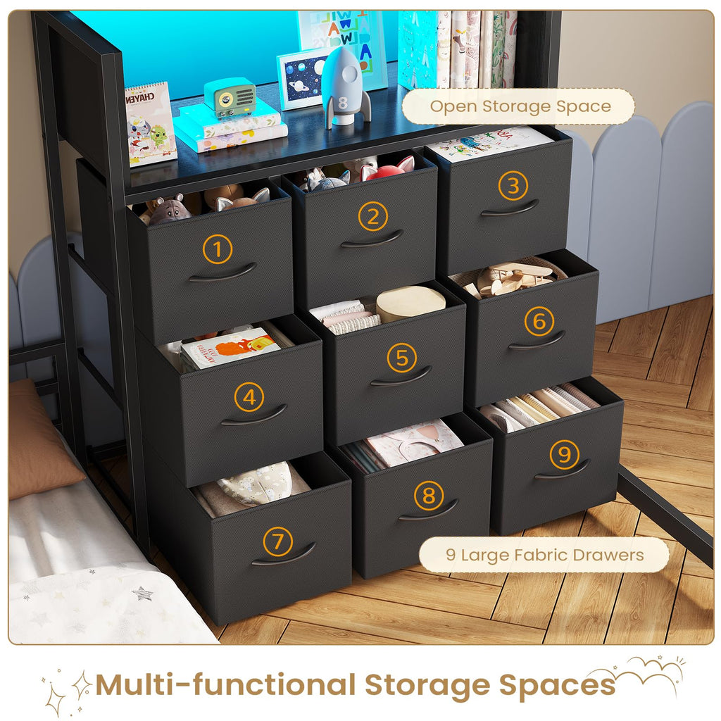Twin Over Twin L-Shaped Bunk Bed with 9 Storage Drawers, LED Lights, Guardrail & Ladder, Black F756870
