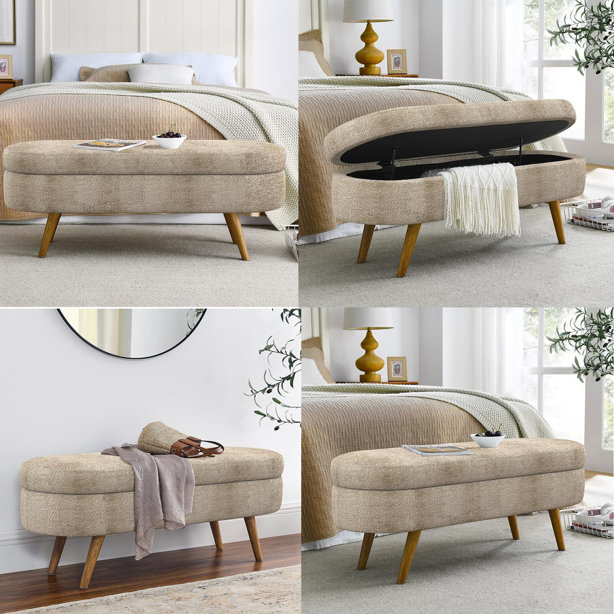Brown Linen Storage Ottoman Bench F995301