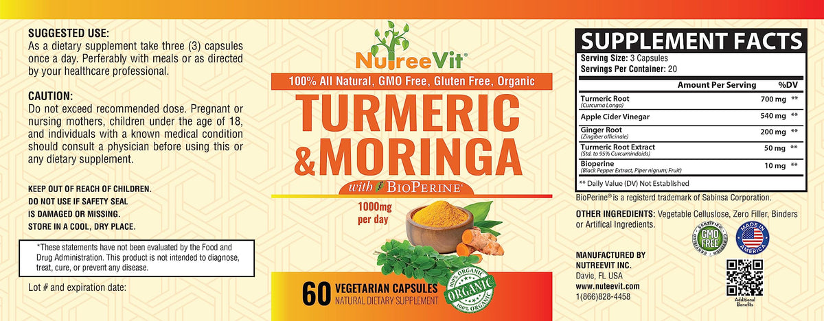 Organic Turmeric Curcumin with Moringa Oleifera and Bioperine Supplement 200 Count W952675