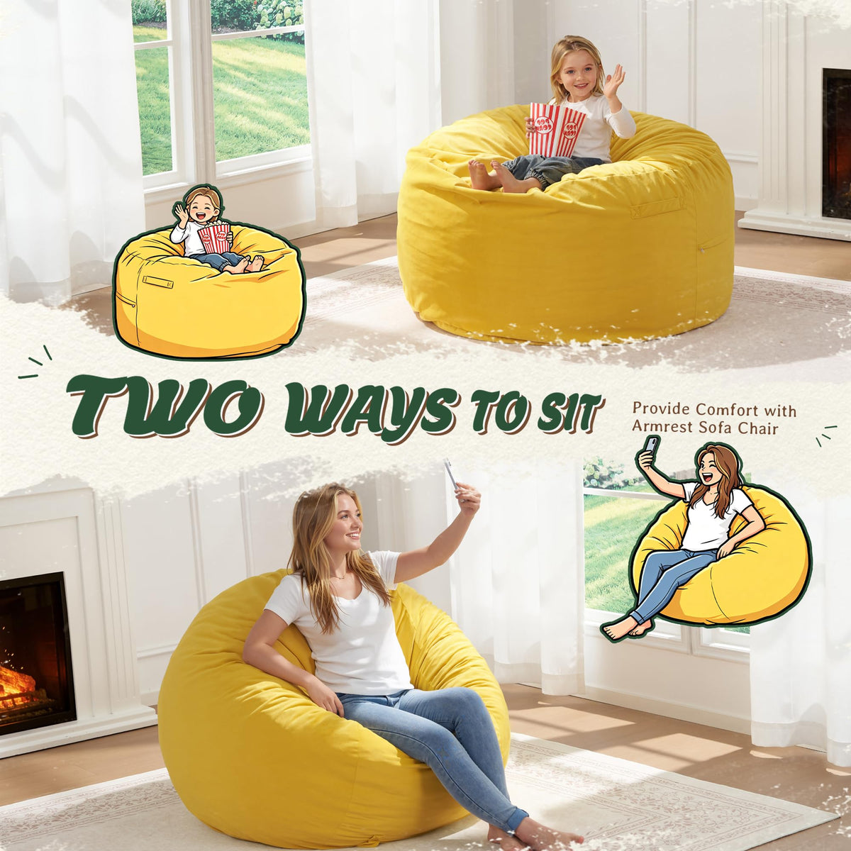 Yellow Memory Foam Bean Bag Chairs W25200