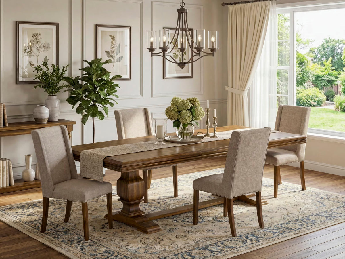 5-piece Wooden Dining Room Set with 4 Light Tan Linen Chairs W29310