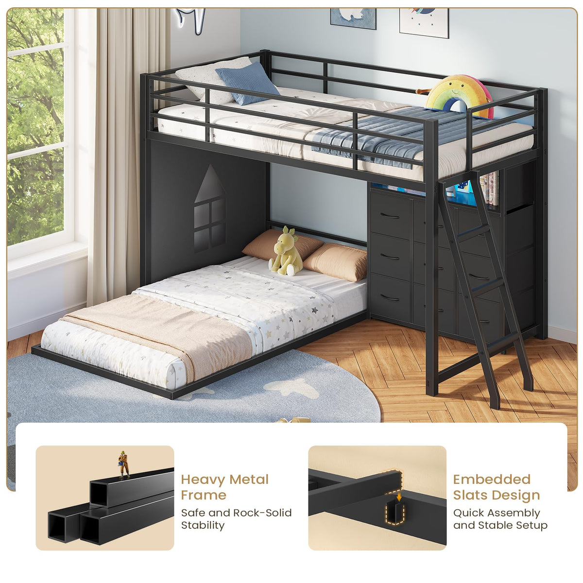 Twin Over Twin L-Shaped Bunk Bed with 9 Storage Drawers, LED Lights, Guardrail & Ladder, Black F756870