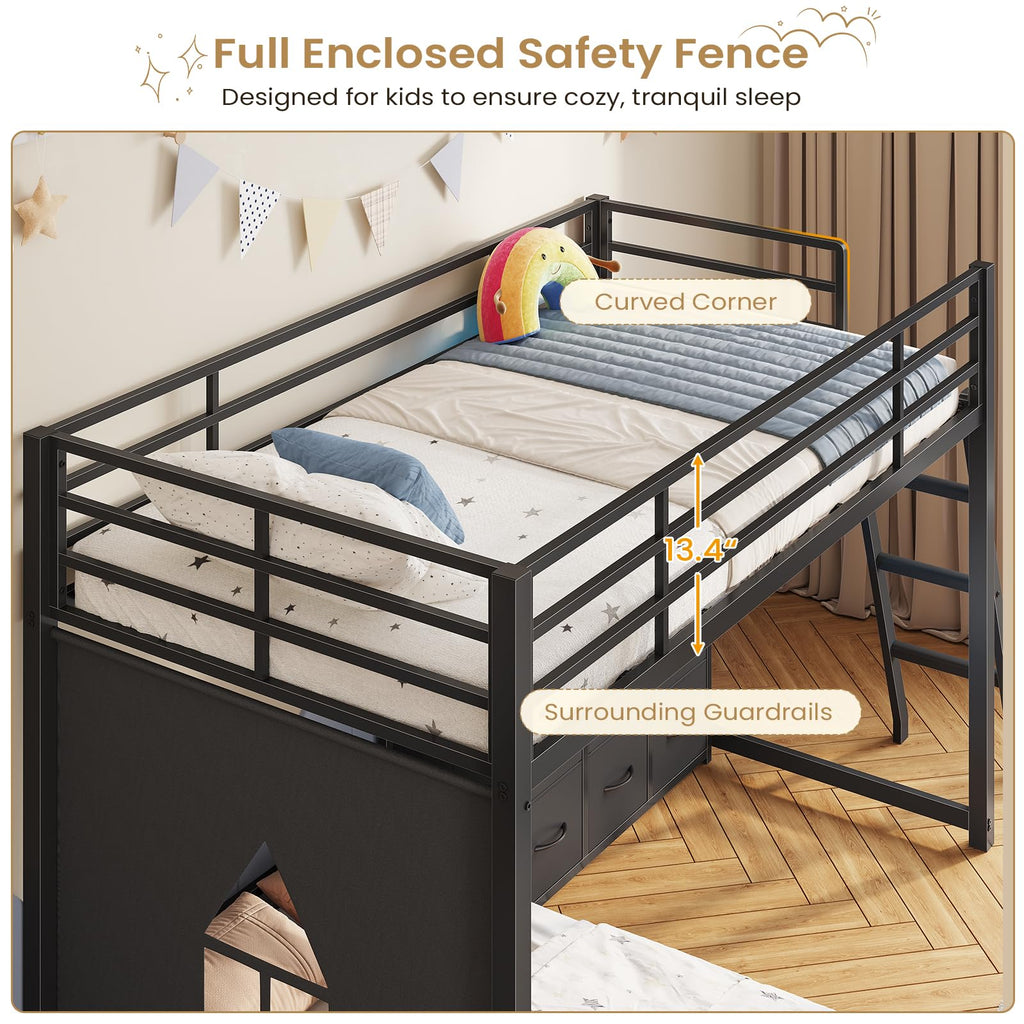 Twin Over Twin L-Shaped Bunk Bed with 9 Storage Drawers, LED Lights, Guardrail & Ladder, Black F756870