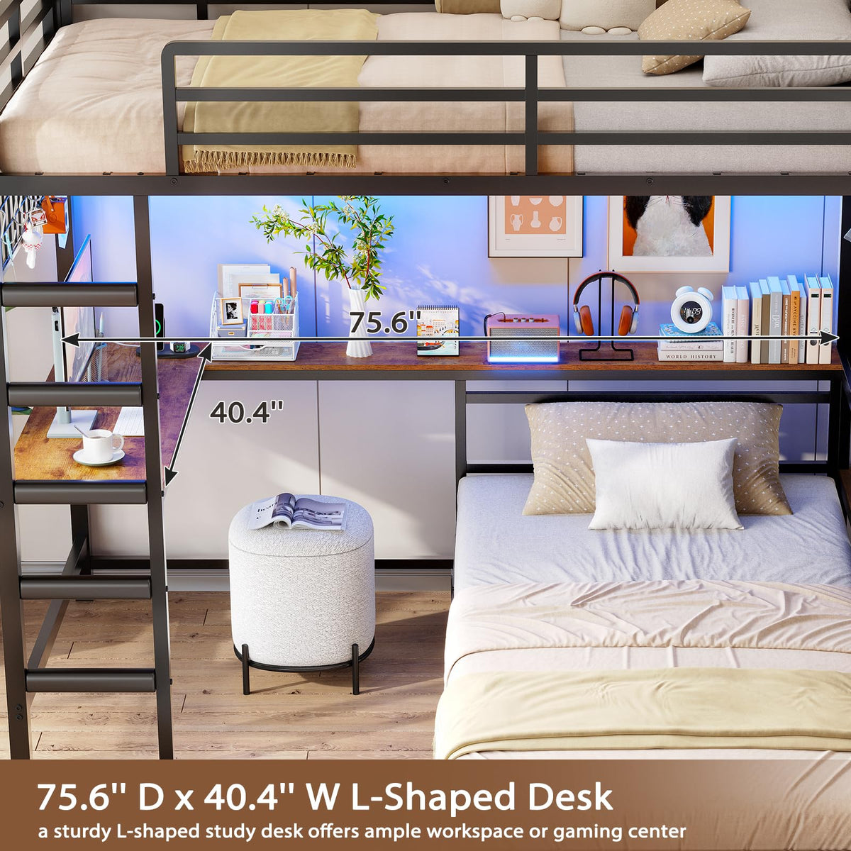 Black L-Shaped Bunk Bed with Desk and Stairs B3680