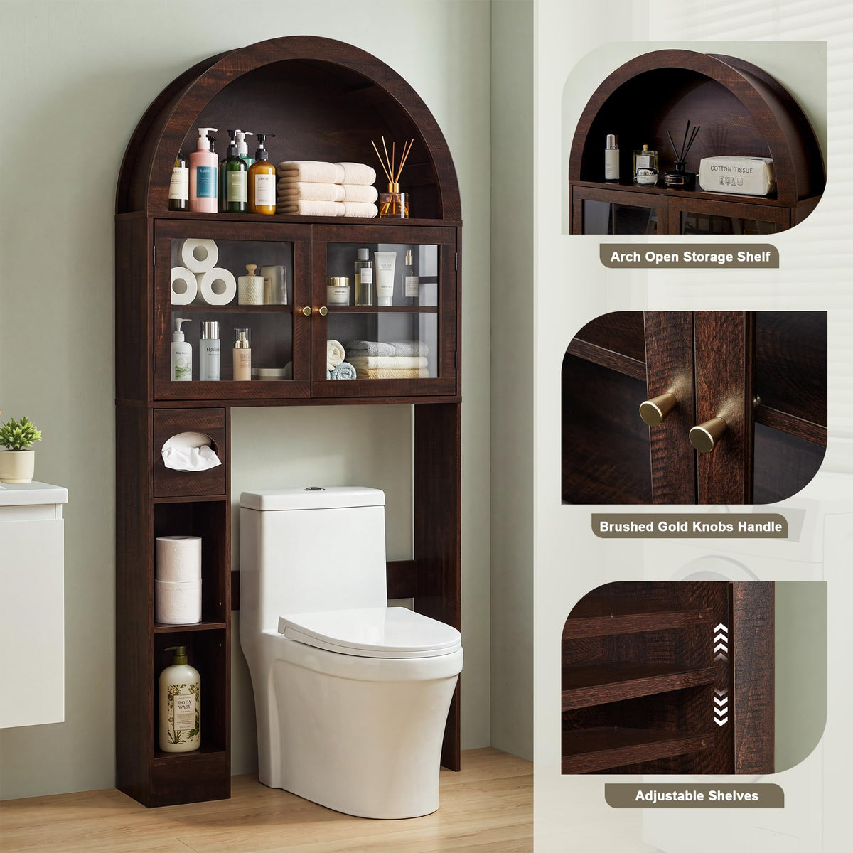 Over the Toilet Storage Cabinet with Arched Top, 68" Tall, Dark Walnut W336