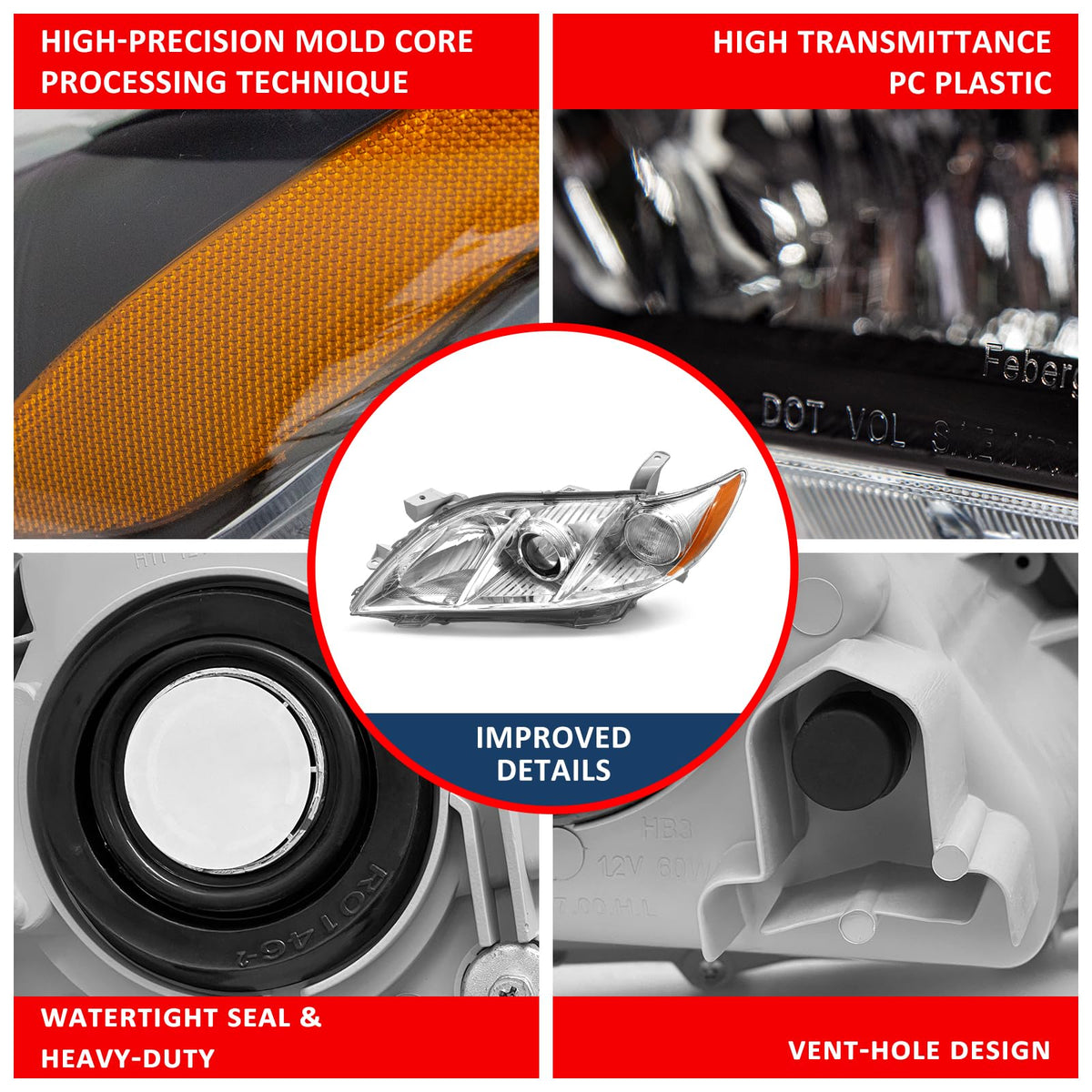 Compatible with 2007-2009 Toyota Camry Headlights Assembly Black Housing Amber Reflectors Left and Right Pairs F712302