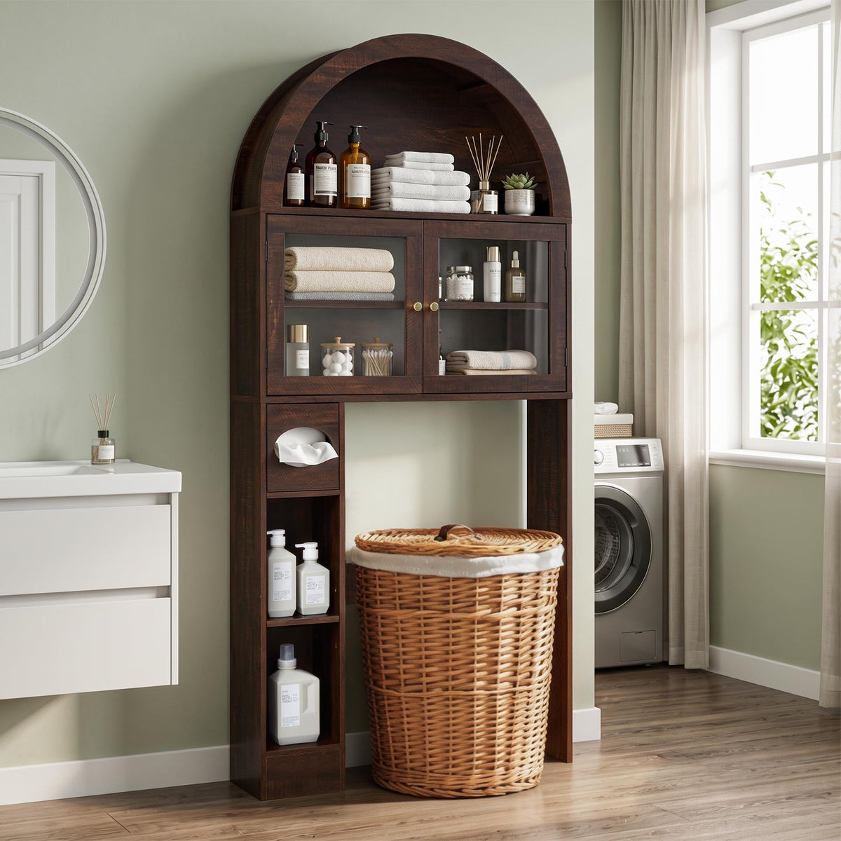 Over the Toilet Storage Cabinet with Arched Top, 68" Tall, Dark Walnut W336
