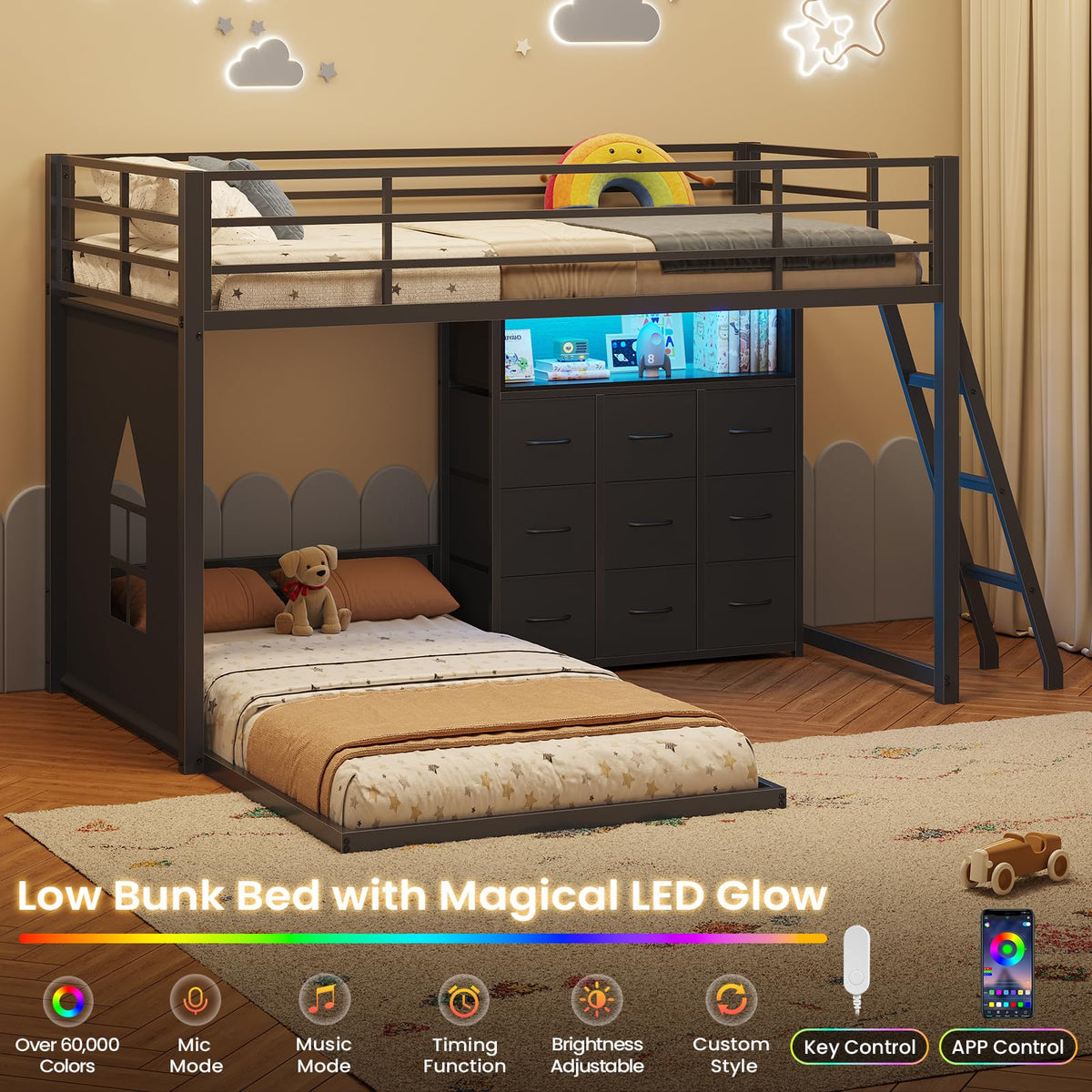 Twin Over Twin L-Shaped Bunk Bed with 9 Storage Drawers, LED Lights, Guardrail & Ladder, Black F756870
