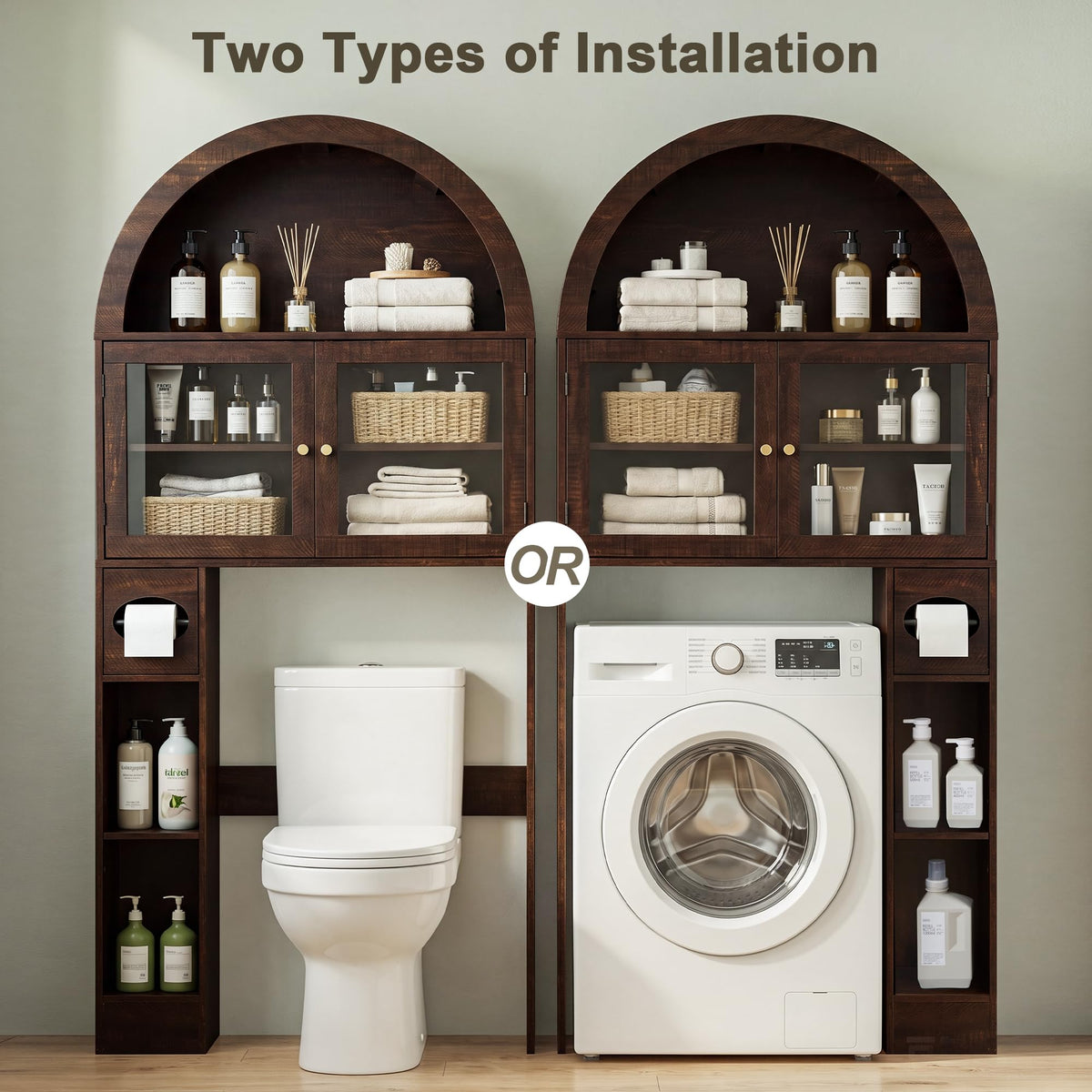 Over the Toilet Storage Cabinet with Arched Top, 68" Tall, Dark Walnut W336