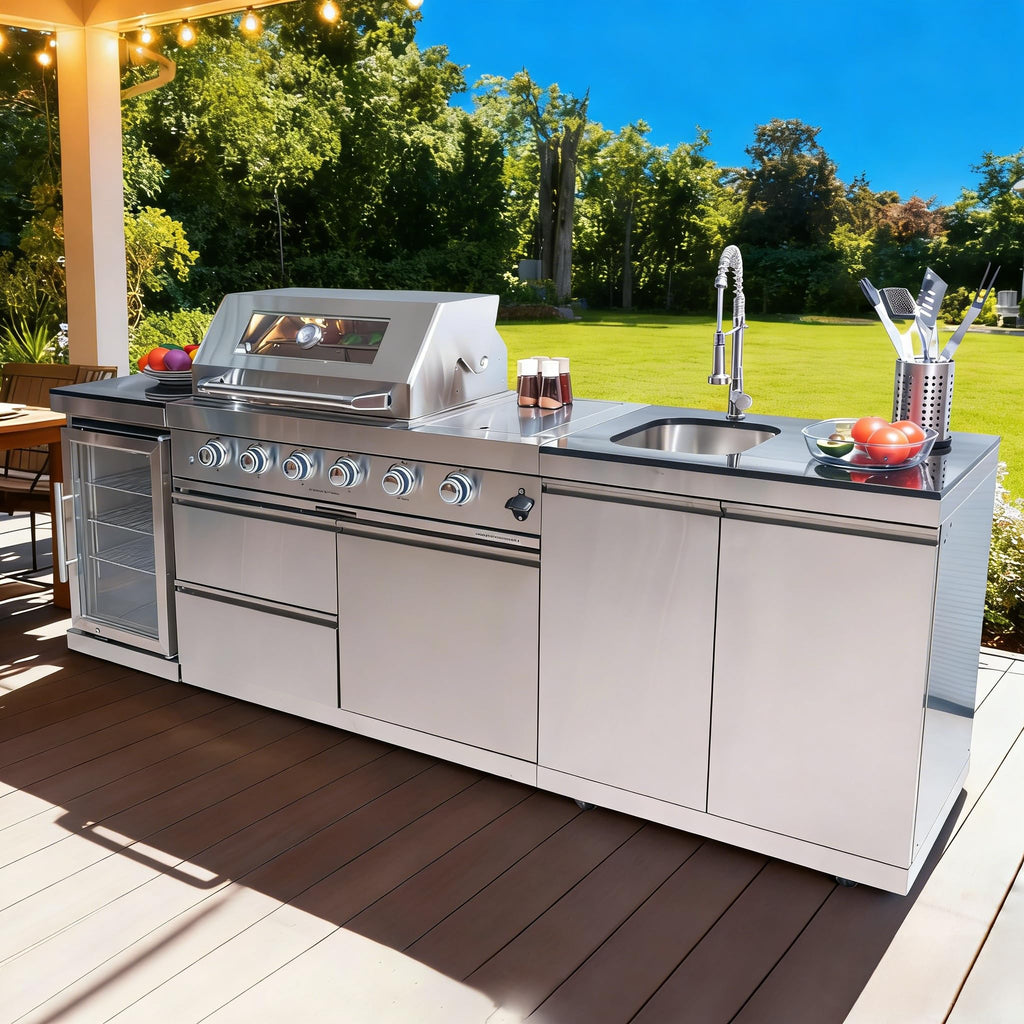 98 Inches 4-Burner Propane Stainless Steel Outdoor Kitchen Island with Refrigerator and Sink X97863