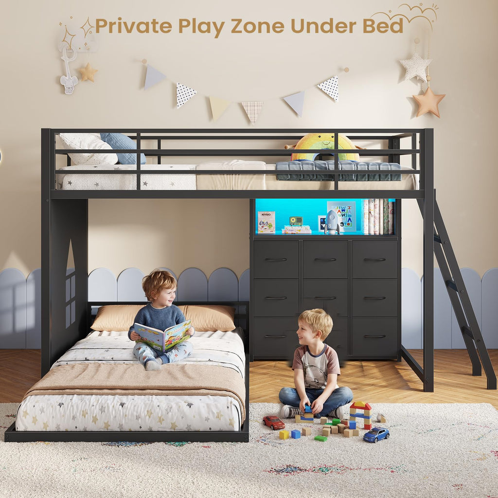Twin Over Twin L-Shaped Bunk Bed with 9 Storage Drawers, LED Lights, Guardrail & Ladder, Black F756870