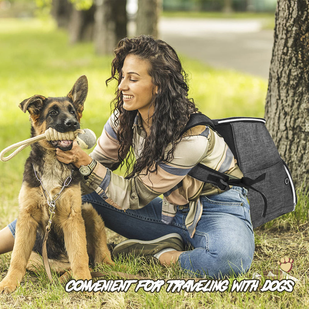 Dog Travel Bag Backpack with 2 Silicone Collapsible Bowls and 2 Food Baskets Grey W694