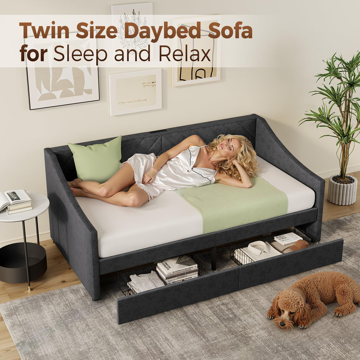 Twin Size Upholstered Daybed with 2 Storage Drawers V98140