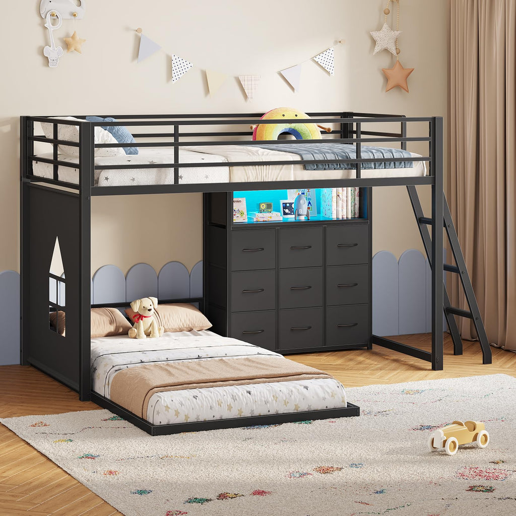 Twin Over Twin L-Shaped Bunk Bed with 9 Storage Drawers, LED Lights, Guardrail & Ladder, Black F756870