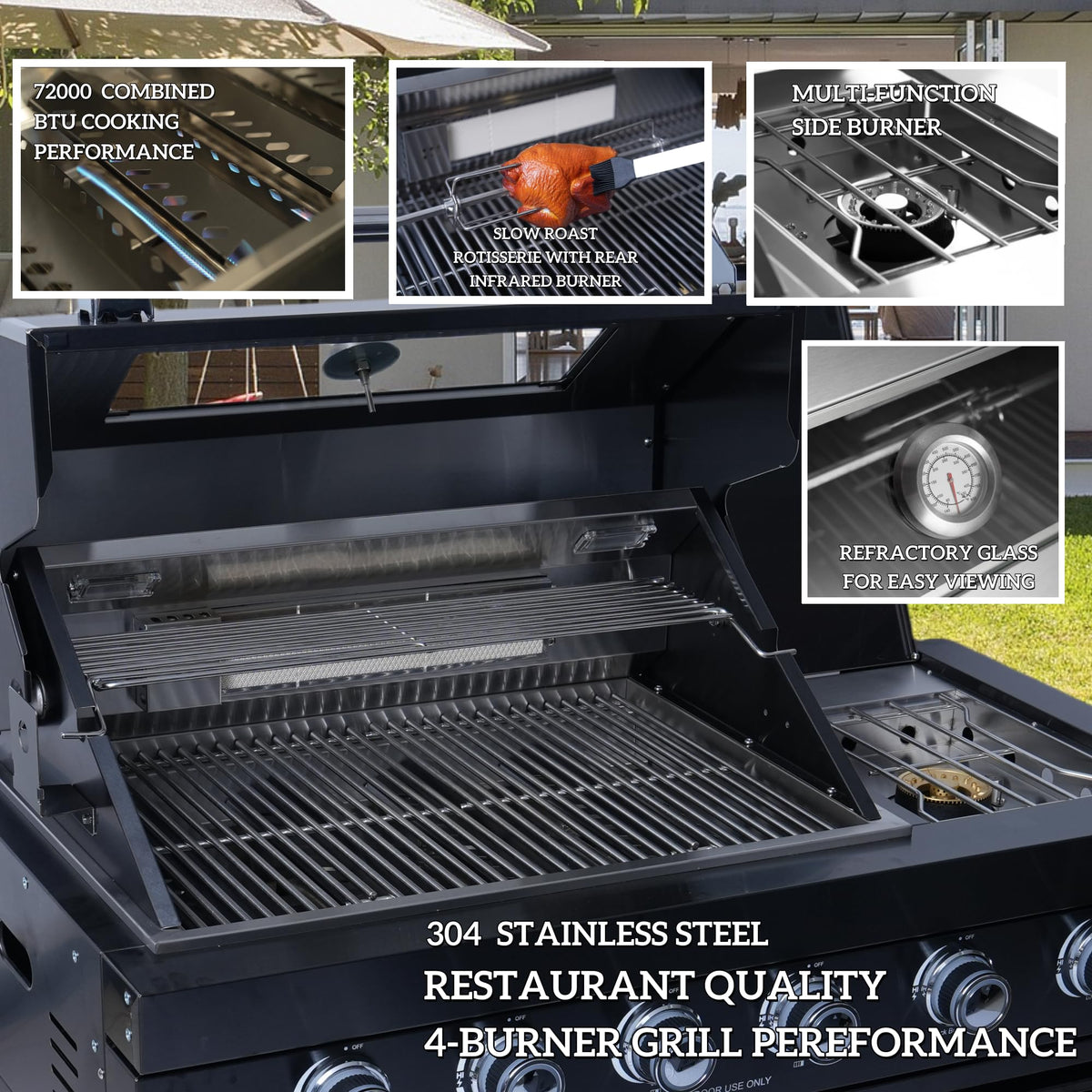 98 Inches 4-Burner Propane Stainless Steel Outdoor Kitchen Island with Refrigerator and Sink X97863
