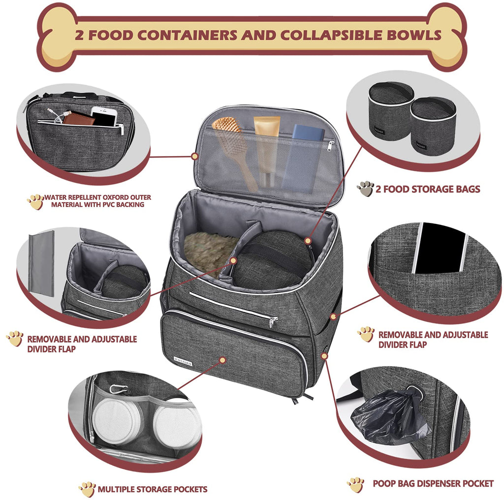 Dog Travel Bag Backpack with 2 Silicone Collapsible Bowls and 2 Food Baskets Grey W694