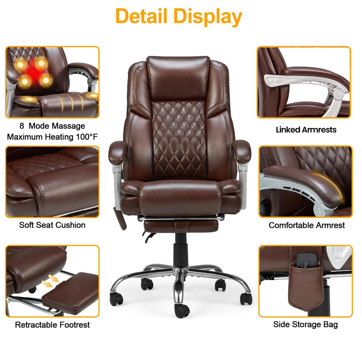 Brown Heated Massage Office Chair with Footrest S708570