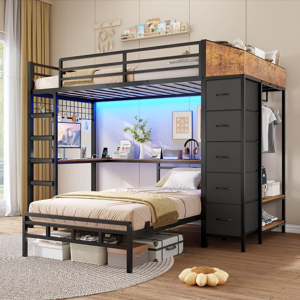 Black L-Shaped Bunk Bed with Desk and Stairs B3680
