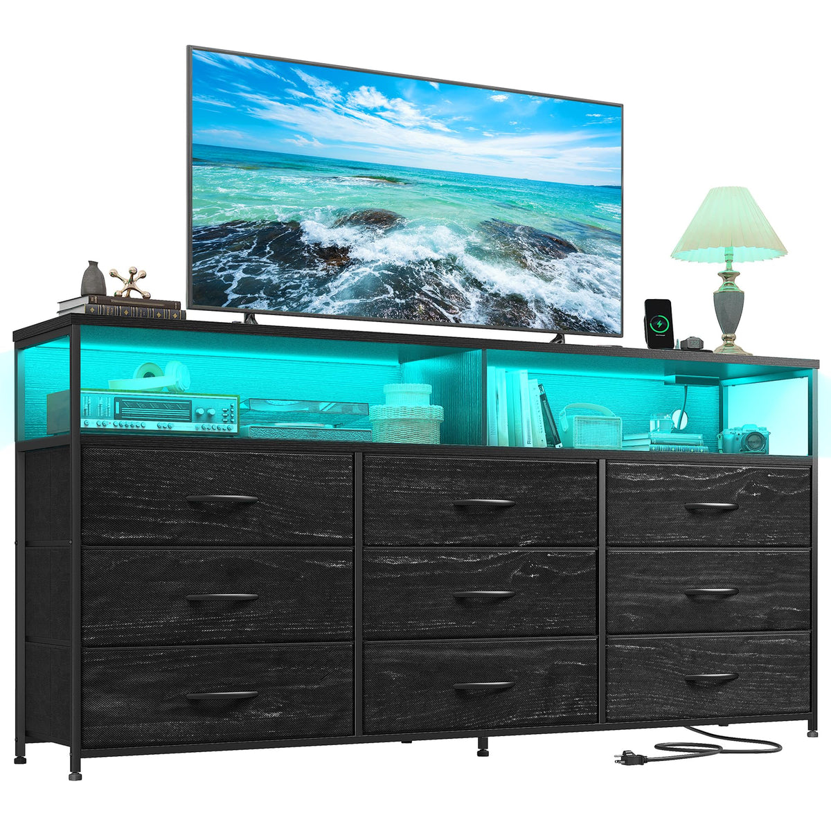 55" W 9 Drawer Dresser with LED and Power Outlets F8260