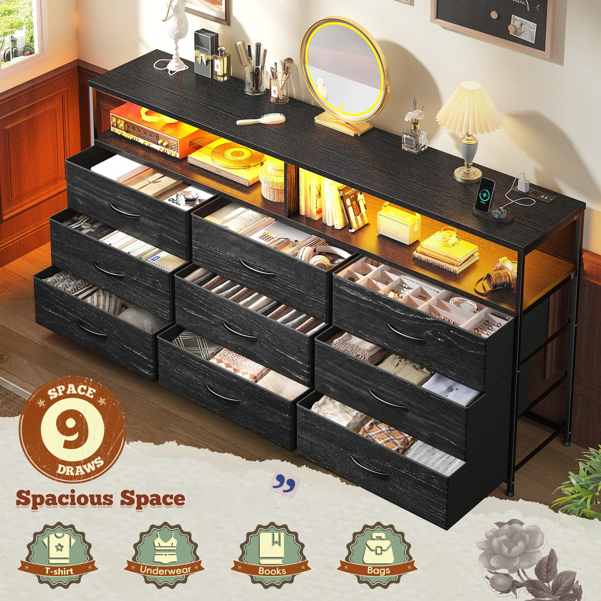 55" W 9 Drawer Dresser with LED and Power Outlets F8260