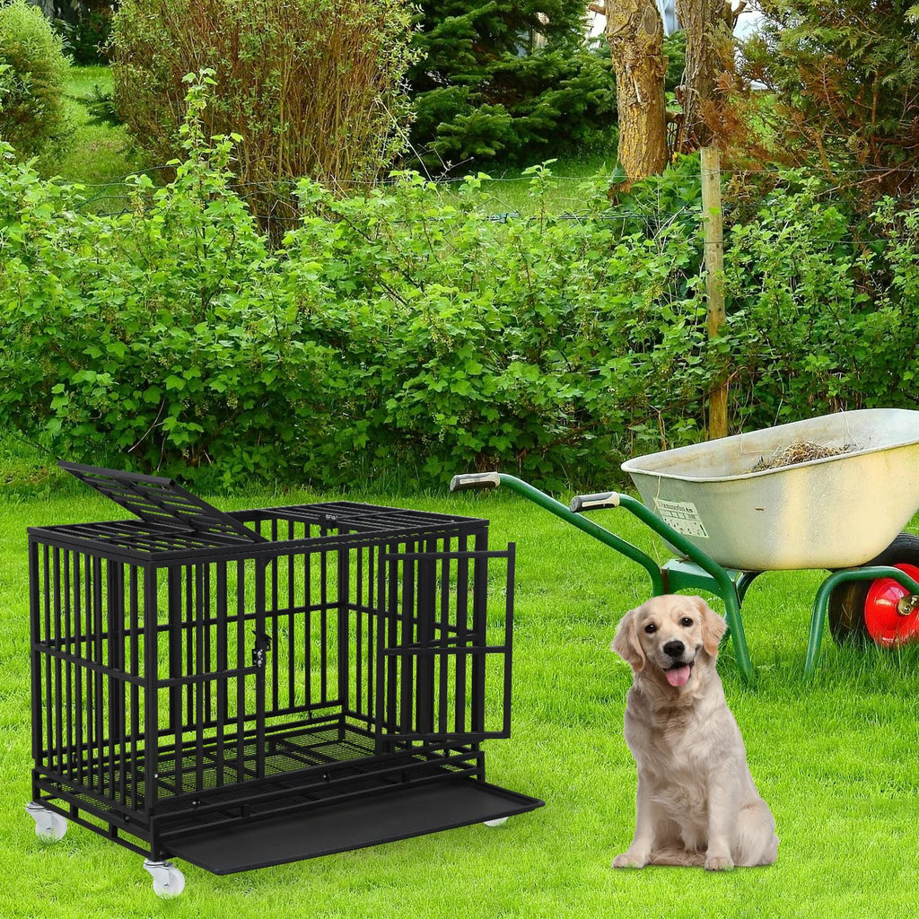 48 Inch Heavy Duty Dog Crate with Plastic Tray Double Doors W1043
