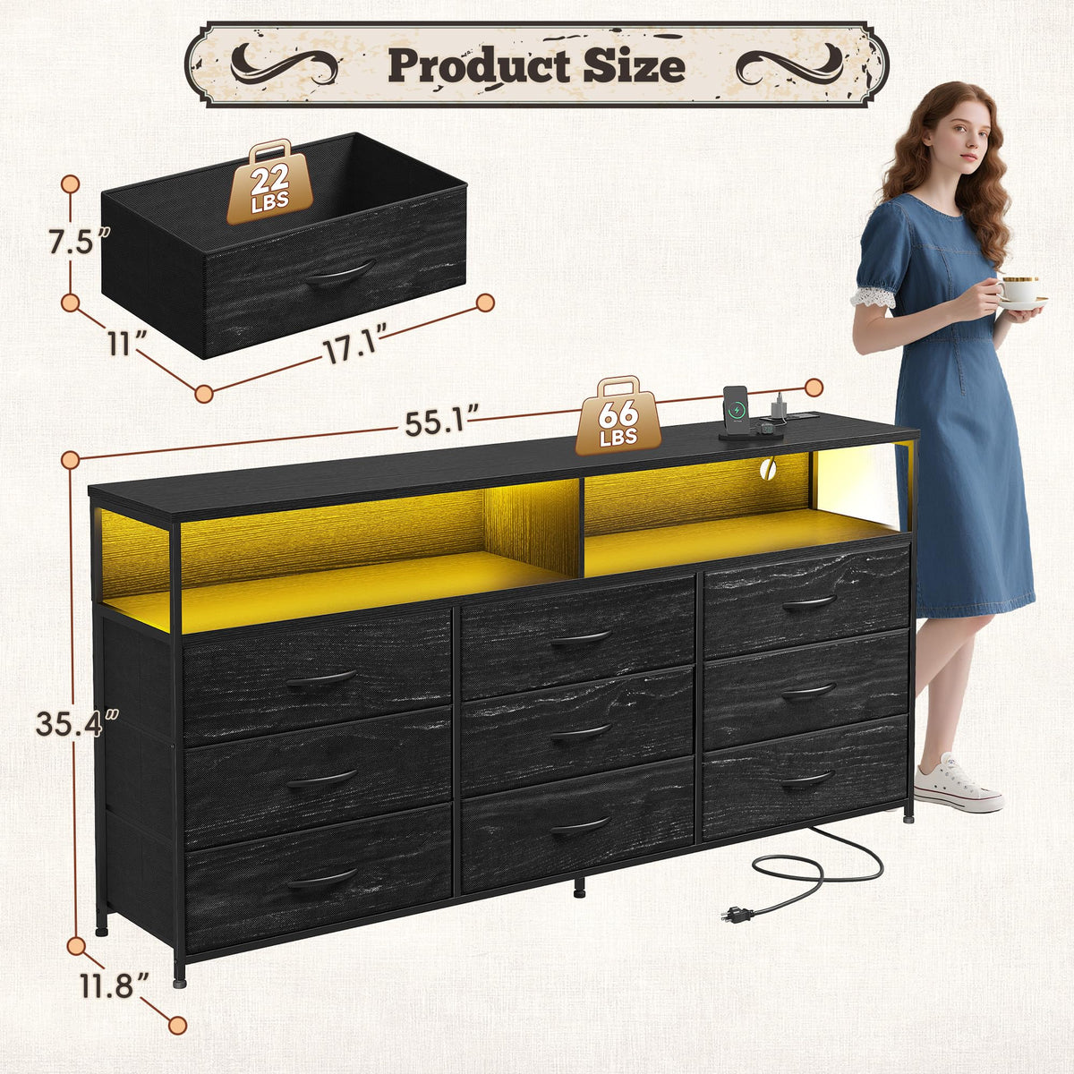 55" W 9 Drawer Dresser with LED and Power Outlets F8260