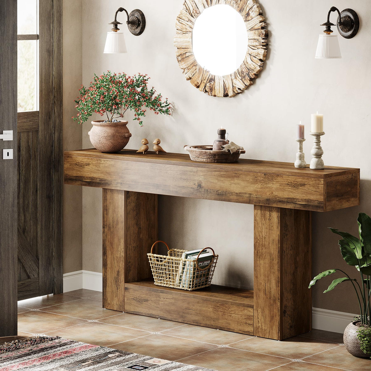 63" Farmhouse 2-Tier Console Table with U-Shaped Base Q9485